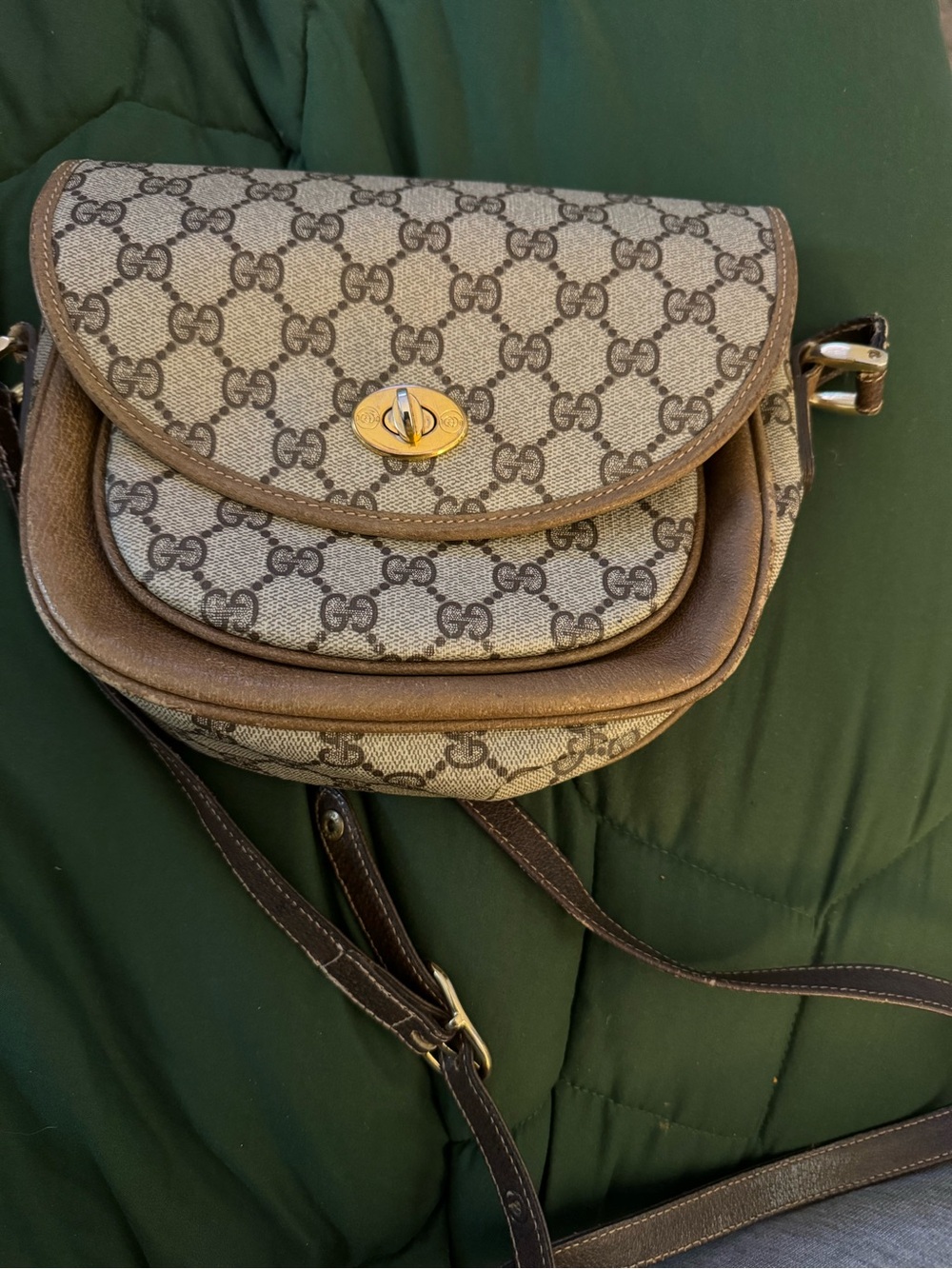 Gucci Brown GG Supreme Crossbody Saddle Bag with Gold Hardware
